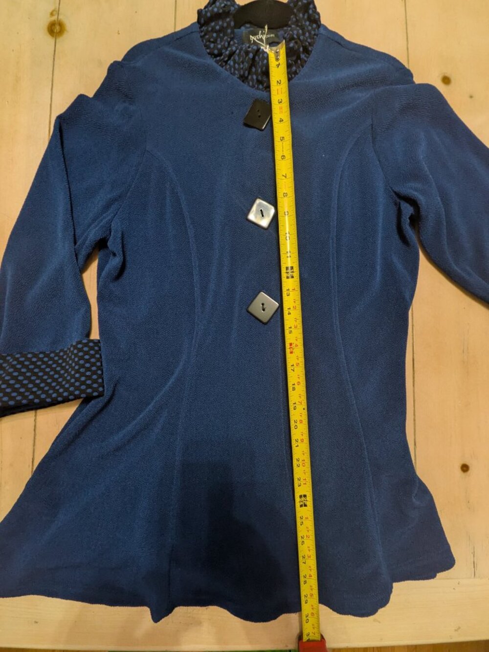 Yushi Blue Textured Swing Jacket Polka-Dot Ruffle Collar Made in USA, Size L - Picture 3 of 8